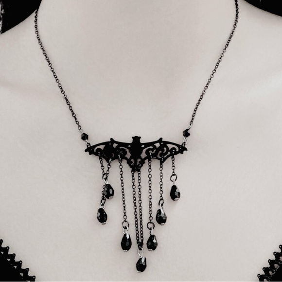 “Victorian Bat” Black Lacey Chandelier Tassel Trim Fancy Gothic Elegant Necklace - Picture 6 of 7